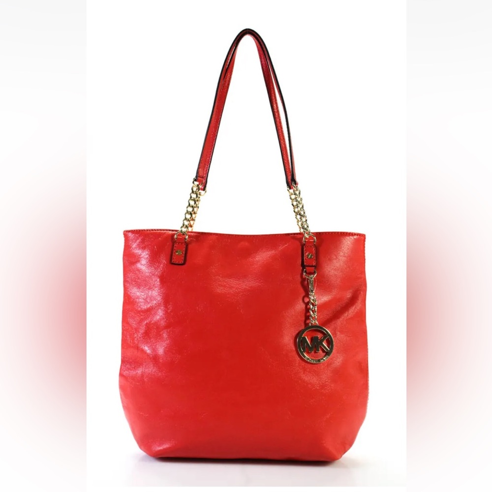 Michael Kors Jet set red leather gold chain leather tote large bag